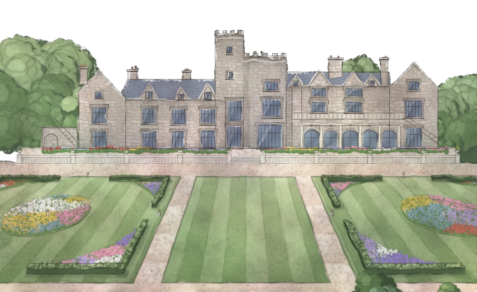 A watercolour of Hempstead House by day